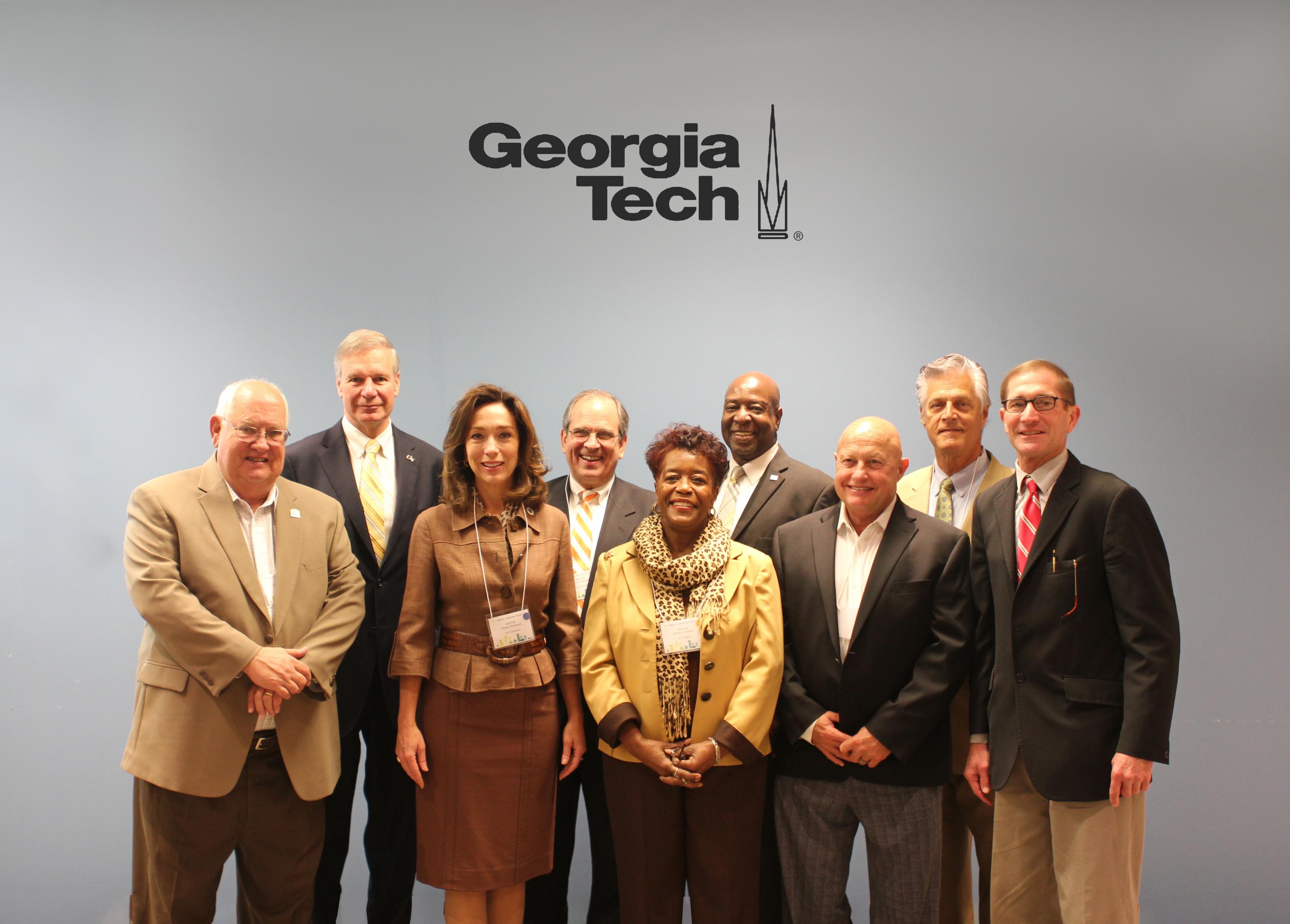 Pictured: Eight Georgia hub city mayors and Georgia Tech President G.P. "Bud" Peterson.