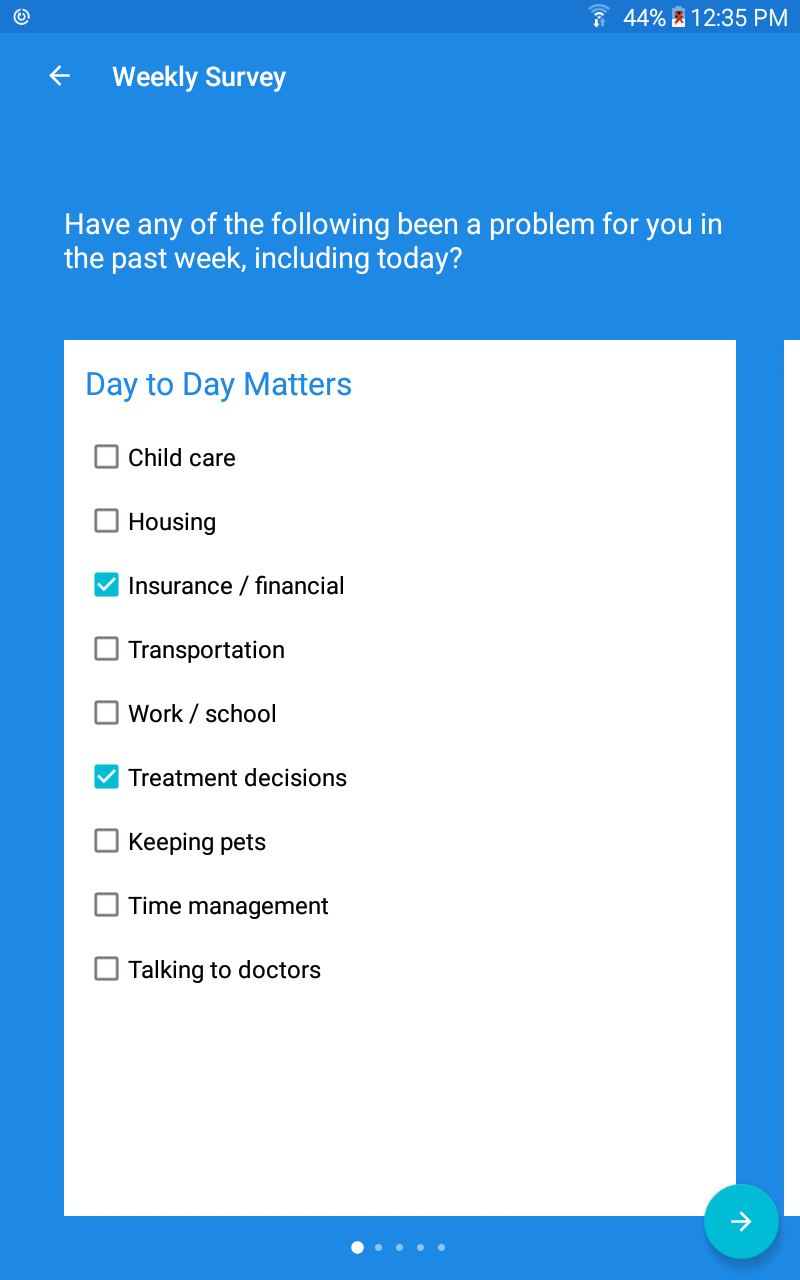 On the weekly survey tab, users will be asked specific questions that will help tailor the app to their specific needs.